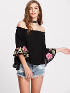 Shein Off Shoulder Bell Sleeve Embroidered Top