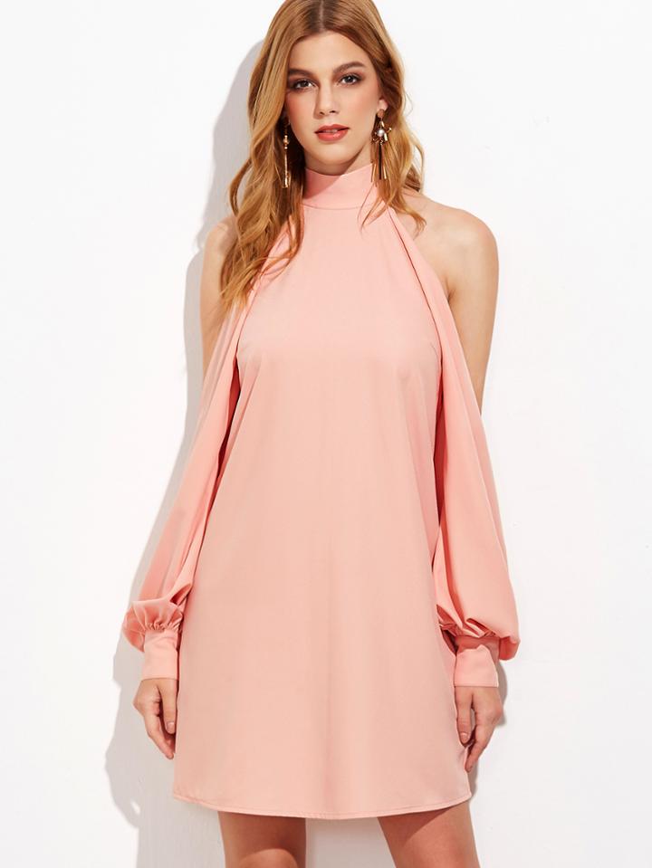 Shein Pink High Neck Split Bishop Sleeve Dress