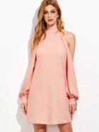 Shein Pink High Neck Split Bishop Sleeve Dress