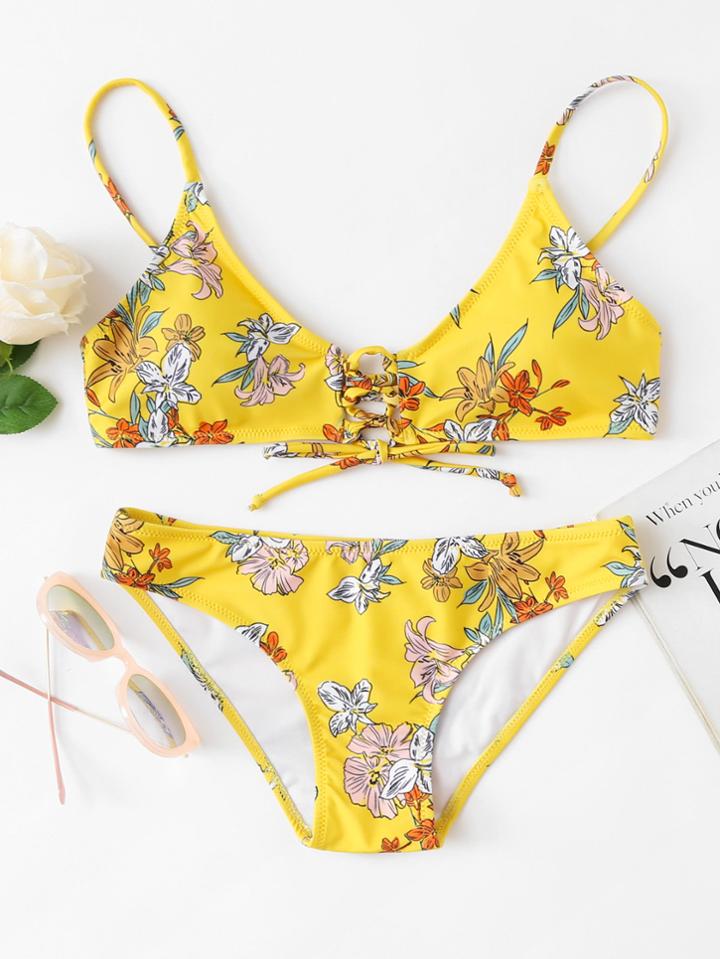 Shein Flower Print Lace Up Front Bikini Set
