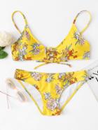 Shein Flower Print Lace Up Front Bikini Set