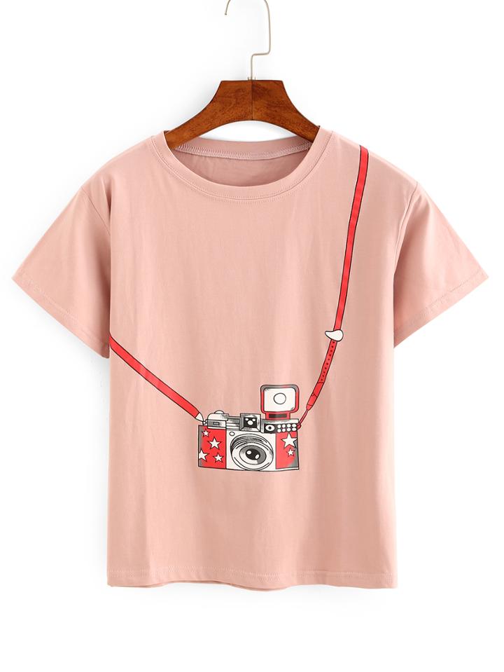 Shein Pink Camera Print T-shirt