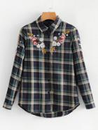Shein Flower Embroidery Curved Hem Plaid Blouse