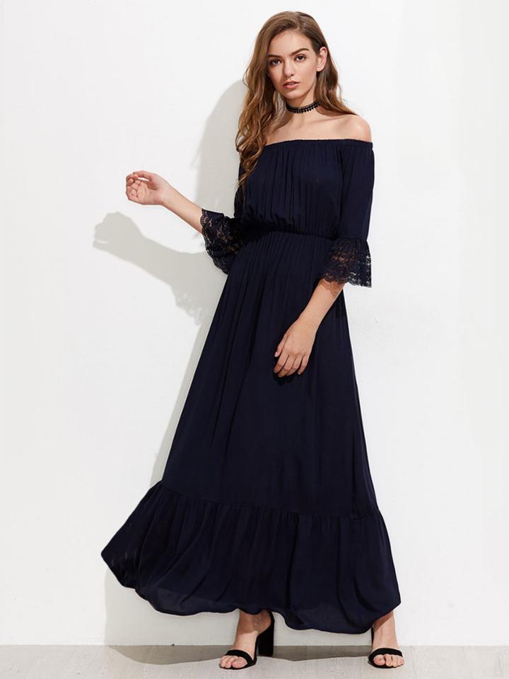 Shein Lace Bell Cuff Frill Hem Bardot Dress