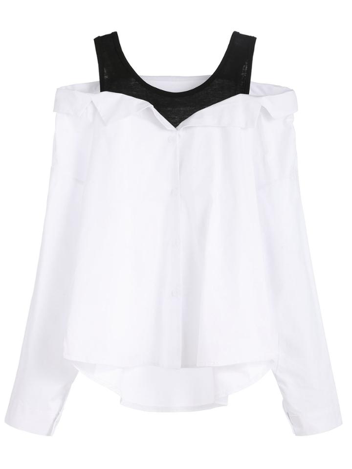 Shein White Black Fold Over Cold Shoulder Blouse