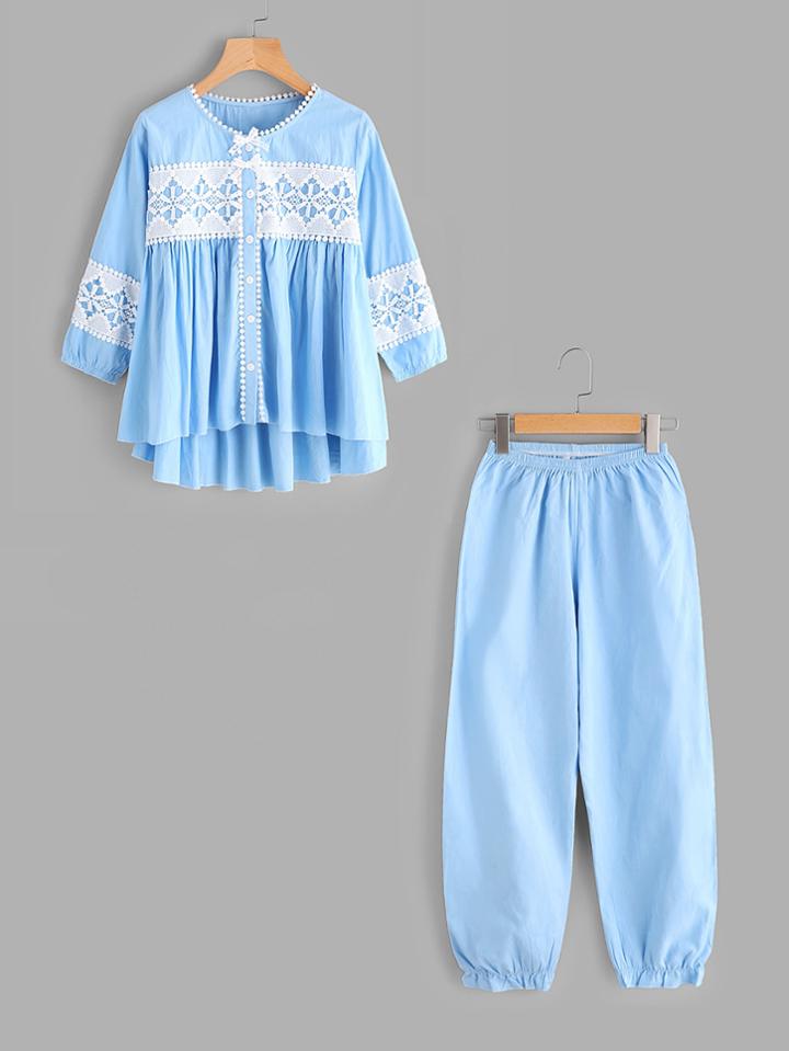 Shein Lace Panel Frill Hem Button Front Top With Pants