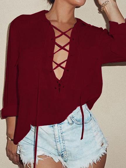 Shein Burgundy Lapel Lace Up Pockets Blouse