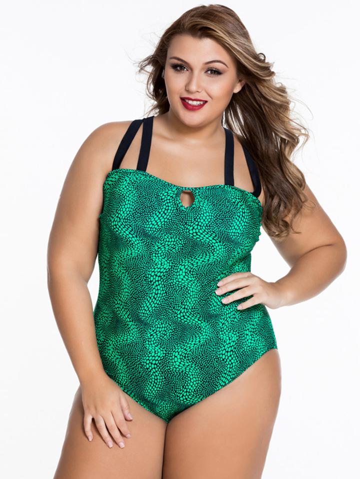Shein Plus Size Snake Print One-piece Swimwear - Green