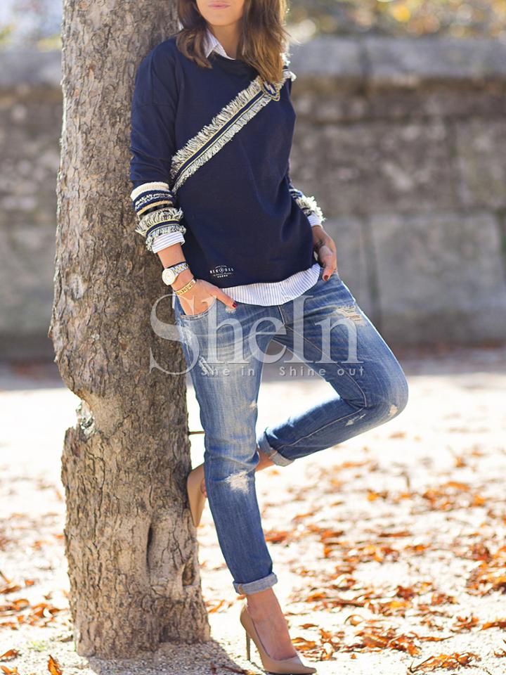 Shein Navy Crew Neck Fringe T-shirt