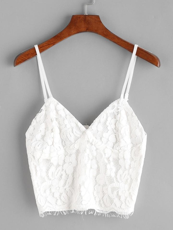 Shein White Eyelash Lace Overlay Zipper Back Crop Cami Top