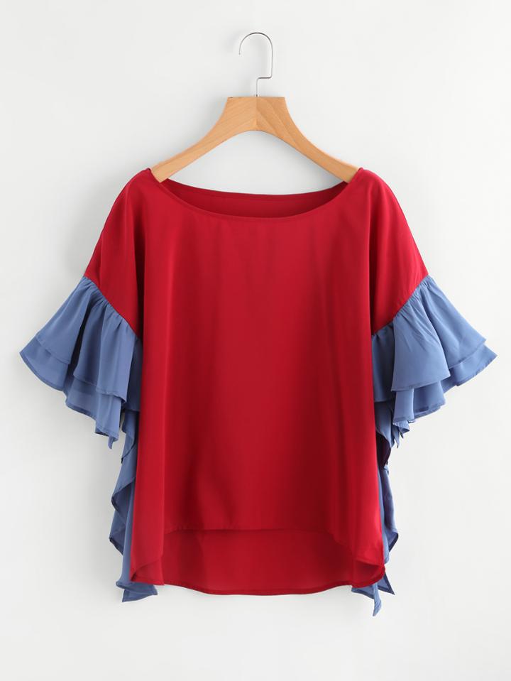 Shein Contrast Tiered Flute Sleeve Dip Hem Blouse