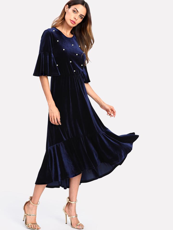Shein Pearl Beaded Ruffle Sleeve And Hem Velvet Dress