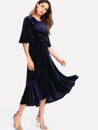 Shein Pearl Beaded Ruffle Sleeve And Hem Velvet Dress