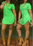 Rosewe Short Sleeve Neon Green Side Slit Dress