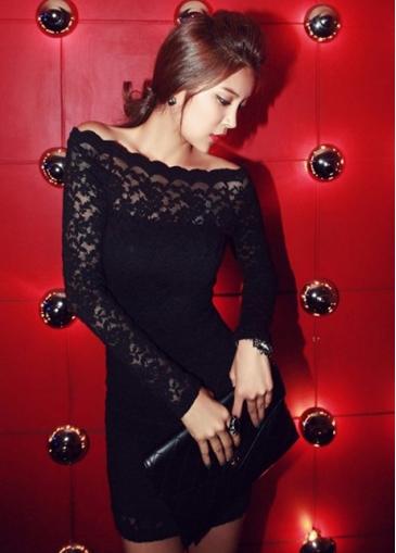 Rosewe Lace Boat Neck Long Sleeve Black Bodycon Dress