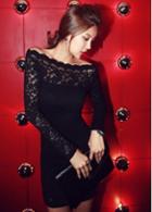 Rosewe Lace Boat Neck Long Sleeve Black Bodycon Dress