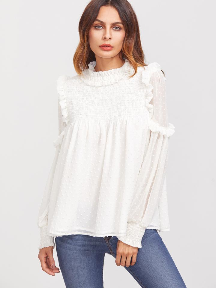 Shein White Ruffle Trim Smocked Dot Jacquard Blouse