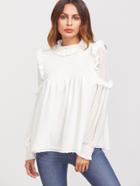 Shein White Ruffle Trim Smocked Dot Jacquard Blouse