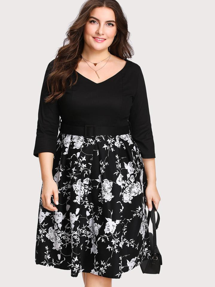 Shein V Neckline Floral Print Zip Up Back Dress