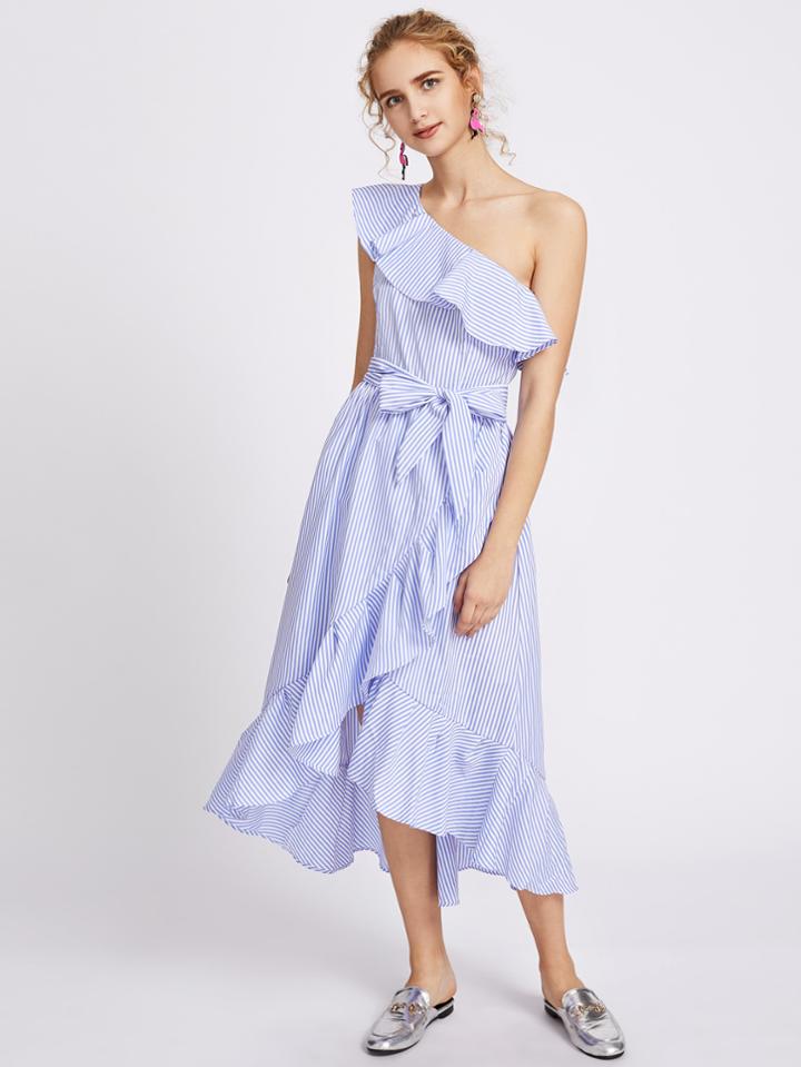 Shein Vertical Striped Self Tie Frill Trim Tulip Hem Dress