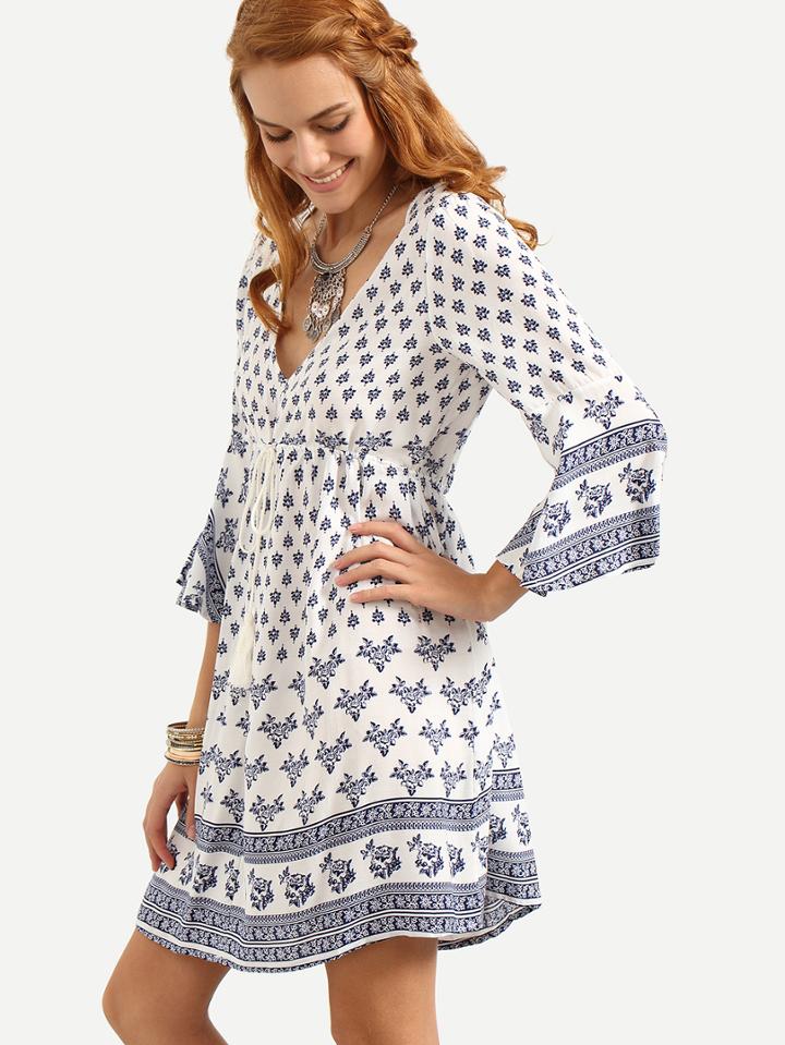 Shein Double V-neck Drawstring Waist Tribal Print Dress - Blue