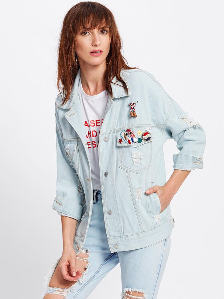 Shein Bleach Wash Destructed Denim Jacket With Badges