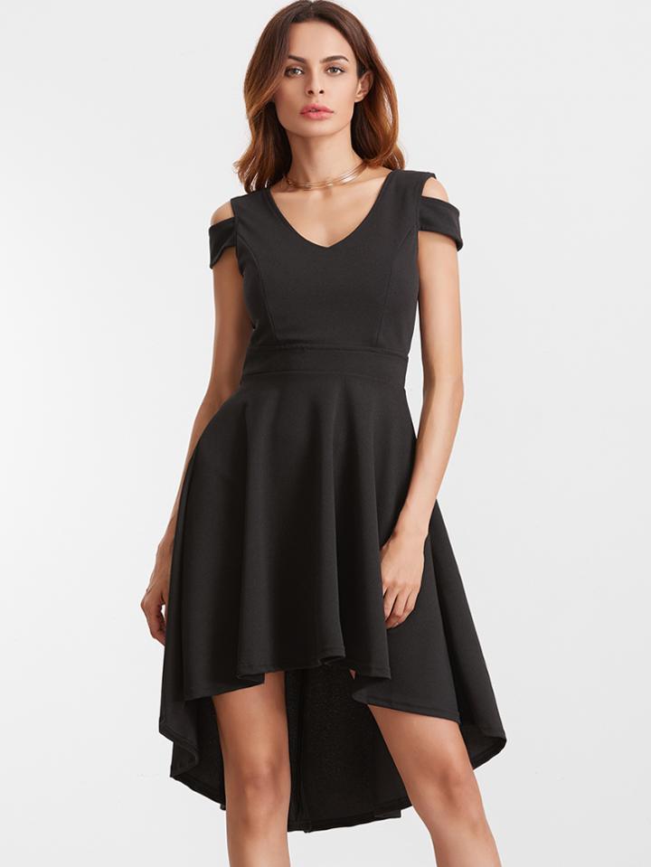 Shein Black Deep V Back Cold Shoulder Flare High Low Dress