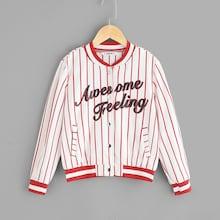 Shein Girls Letter And Striped Buttoned Jacket