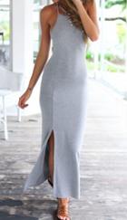 Shein Grey Halter Backless Slim Split Maxi Fishtail Dress