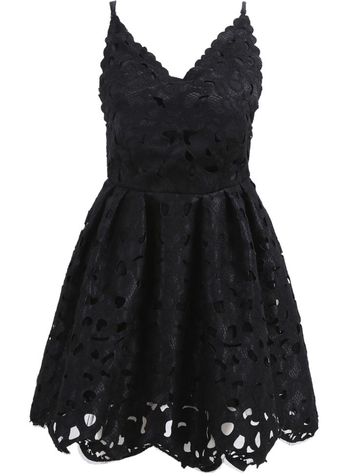 Shein Black Spaghetti Strap Hollow Lace Dress
