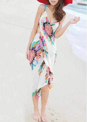 Rosewe White Chiffon Flower Print Beach Dress