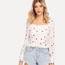 Shein Ruffle Hem Floral Print Blouse