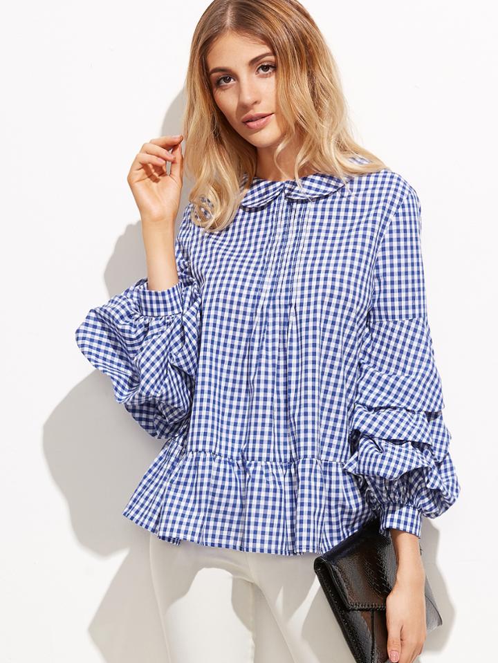 Shein Blue Gingham Peter Pan Collar Billow Sleeve Peplum Blouse