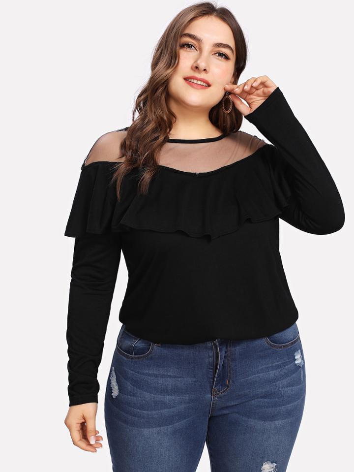 Shein Mesh Insert Ruffle Trim Tee