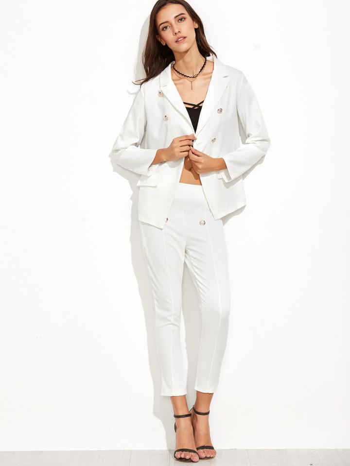 Shein White Notch Lapel Metal Button Blazer With Pants
