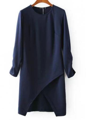 Rosewe Enchanting Half Sleeve Round Neck Navy Dress With Slit