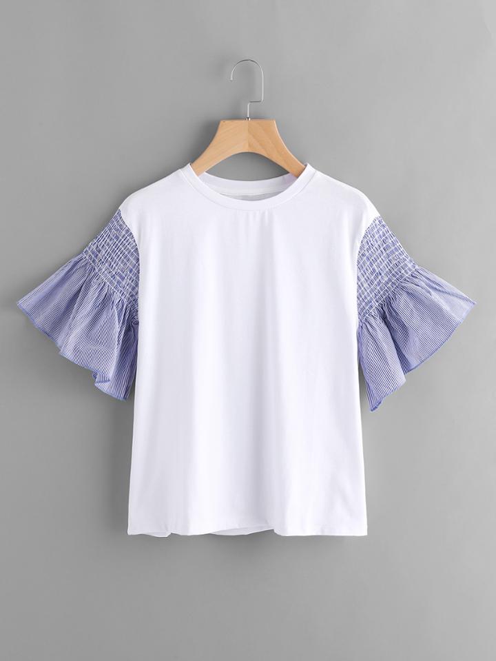 Shein Contrast Pinstriped Shirring Frill Sleeve Tee