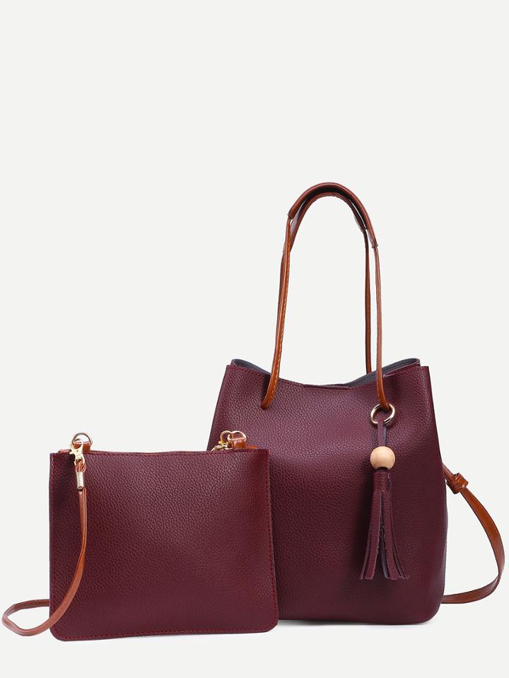 Shein Burgundy Tassel Trim Bucket Bag With Crossbody Bag