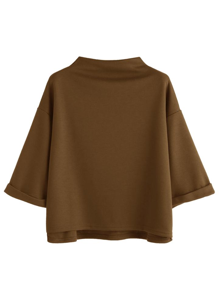 Shein Funnel Neck Drop Shoulder Rolled Sleeve Dip Hem T-shirt