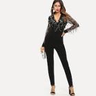 Shein Sequin Embellished Mesh Sleeve Fitted Jumpsuit