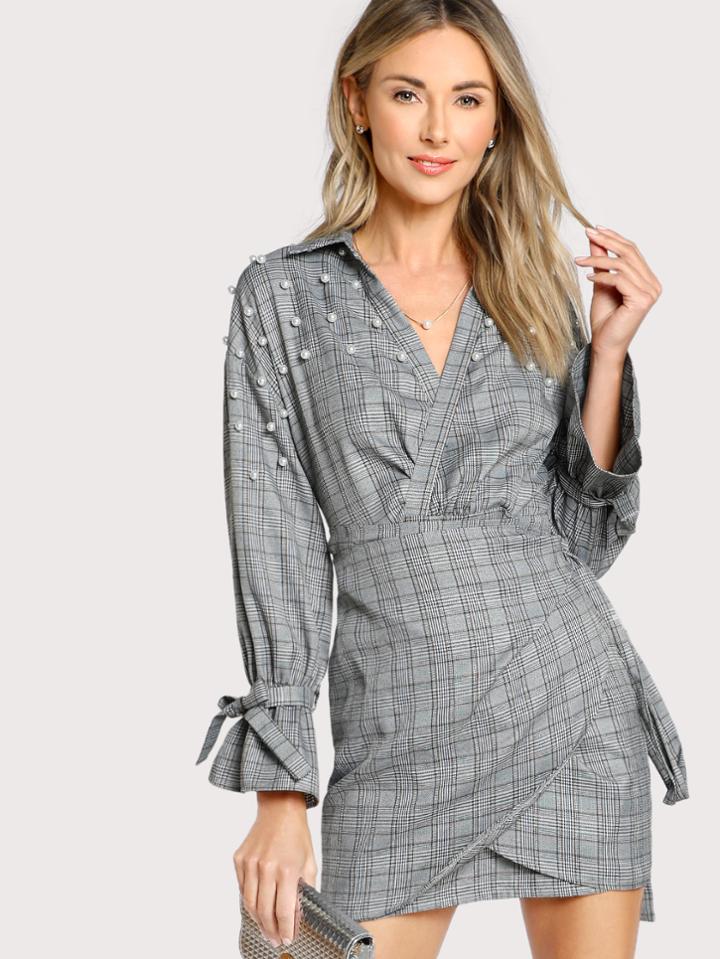 Shein Pearl Detail Bell Cuff Plaid Wrap Dress