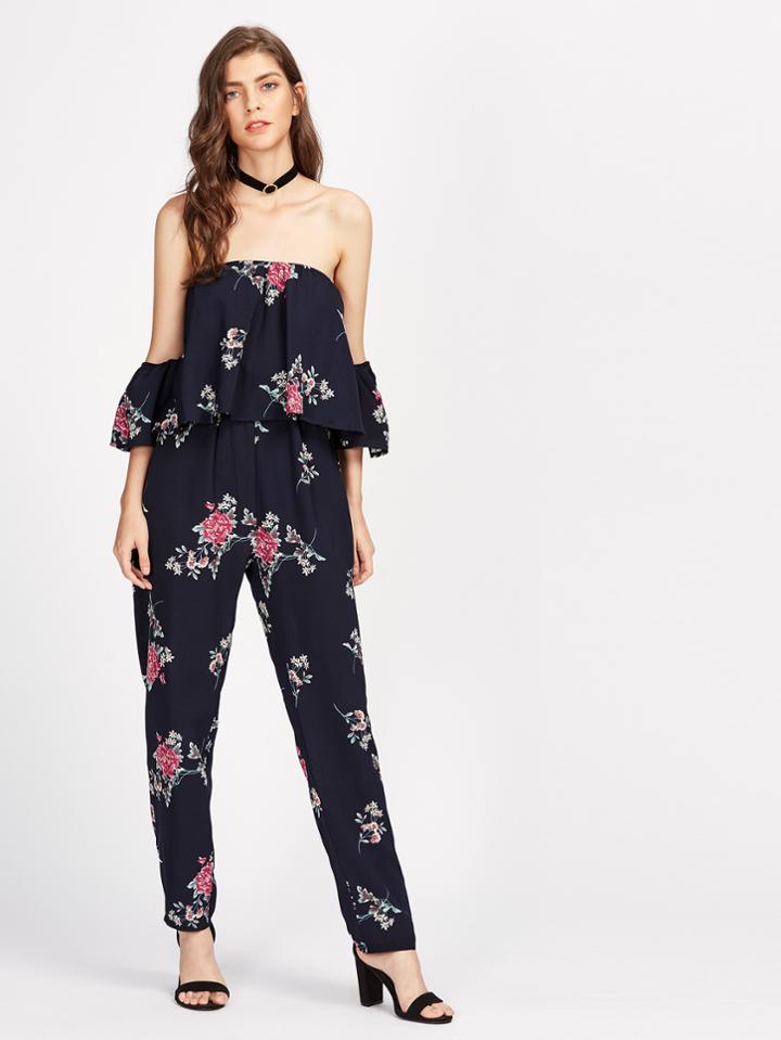 Shein Bardot Florals Frill Layered Jumpsuit