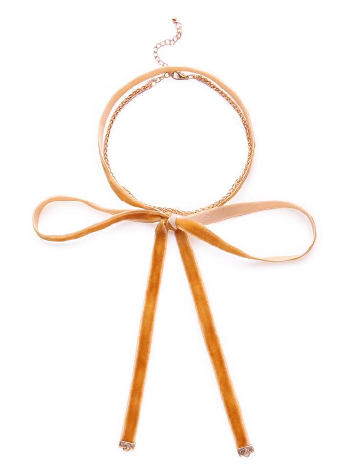 Shein Gold Tone Velvet Choker Bow Wrap Necklace Set