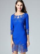 Shein Blue Round Neck Length Sleeve Contrast Gauze Embroidered Dress
