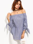 Shein Blue Stripe Tie Cuff Off The Shoulder Blouse