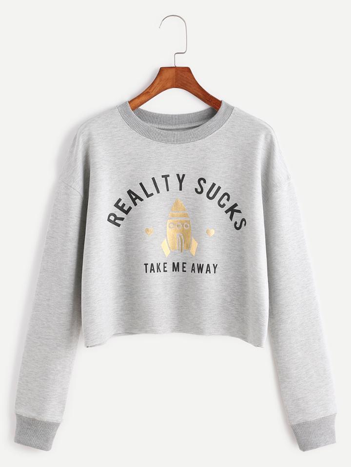 Shein Heather Grey Ribbed Trim Letter Print Crop Sweatshirt