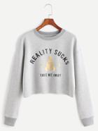 Shein Heather Grey Ribbed Trim Letter Print Crop Sweatshirt