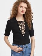Shein Plunging V Neckline Ribbed Lace Up Front Tee
