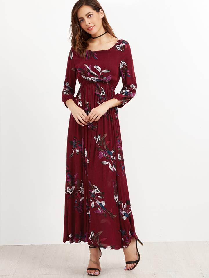Shein Burgundy Floral Print High Waist Dress