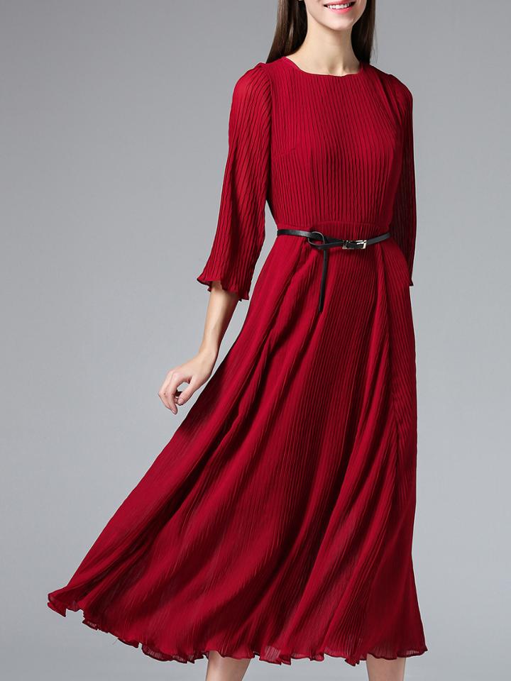 Shein Burgundy Pleated Belted Midi Dress